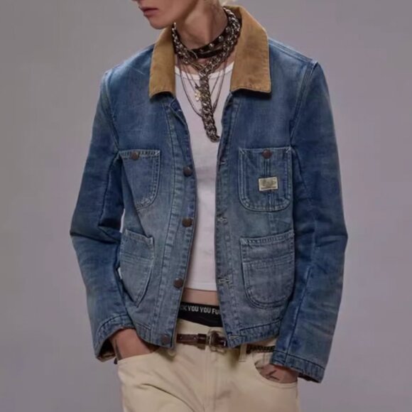 NWT R13 Corduroy Collar Cropped Denim Chore Jacket Calli Blue Retro - Picture 1 of 12